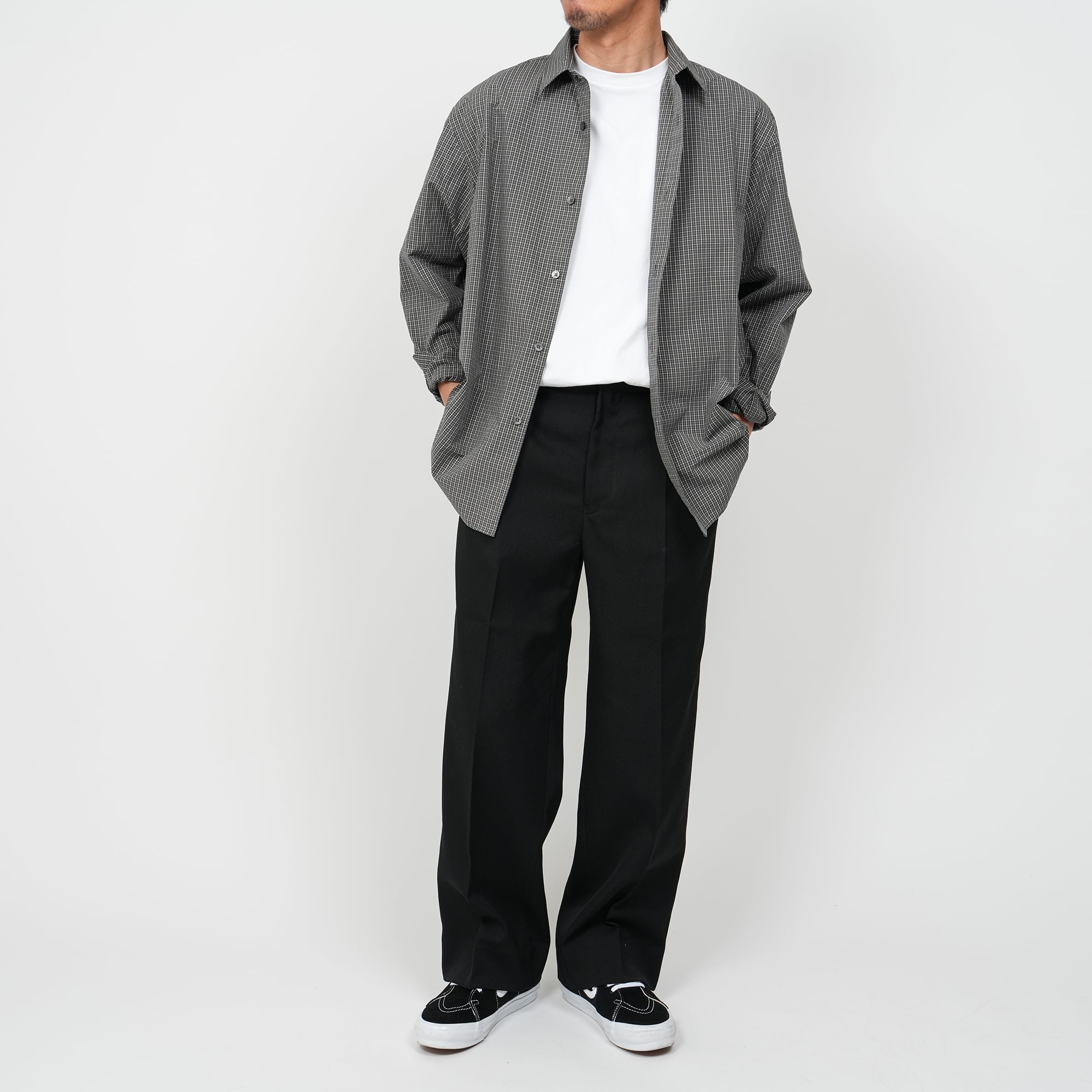 Cotton Poplin Pin Check Wide Shirts (black×gray) | OVY