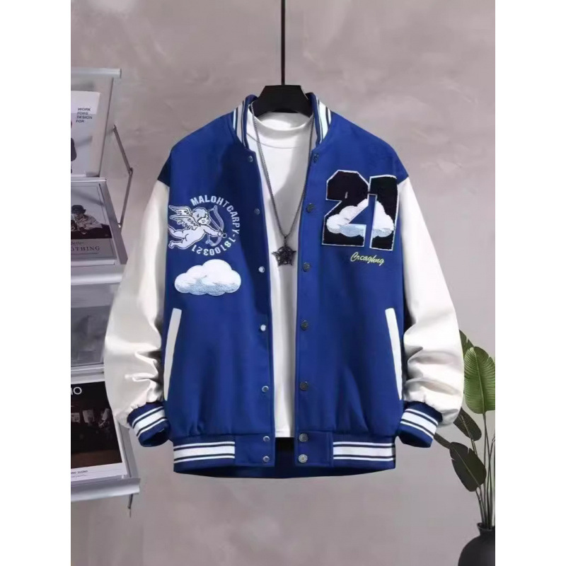 スタジャン 宇宙刺繍ワッペン付き袖切替青スタジアムジャンパー 青