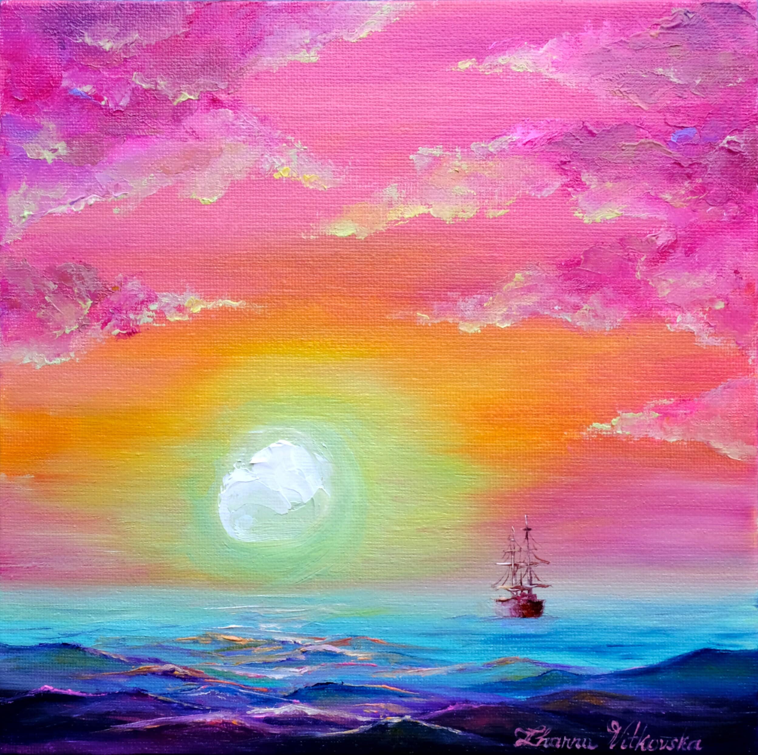 Sunrise Painting Original Art Ship Painting Seascape Artwork Ocean