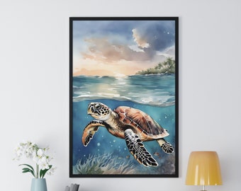 ウミガメの水彩画アートプリント、カメの絵画の壁アート装飾