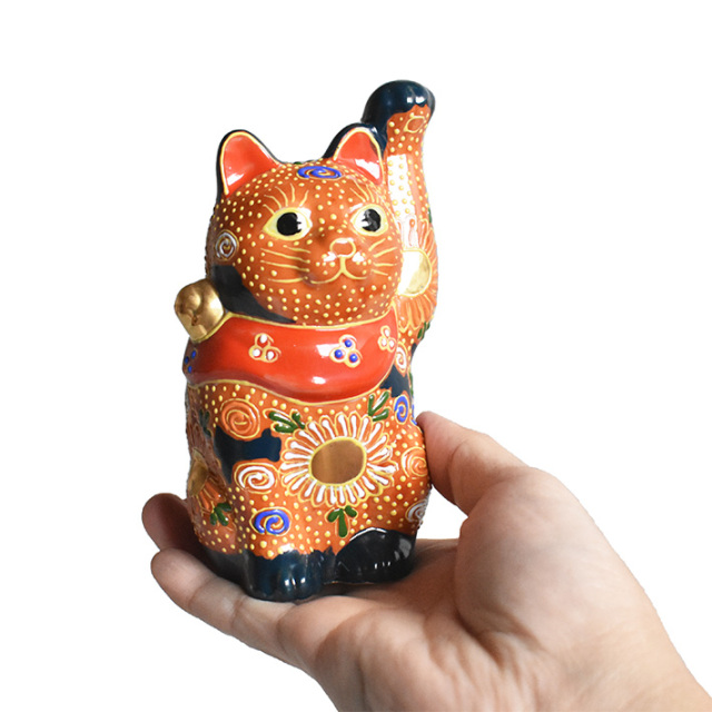 九谷焼 招き猫 オールドタイプ 置物 紺茶盛