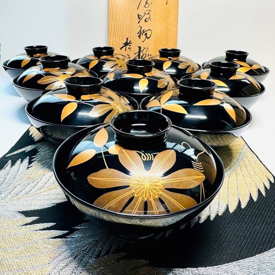 漆器 輪島塗 蒔絵金彩細工 沈金 木製 蓋付椀 吸物椀 大きめ 10客 骨董
