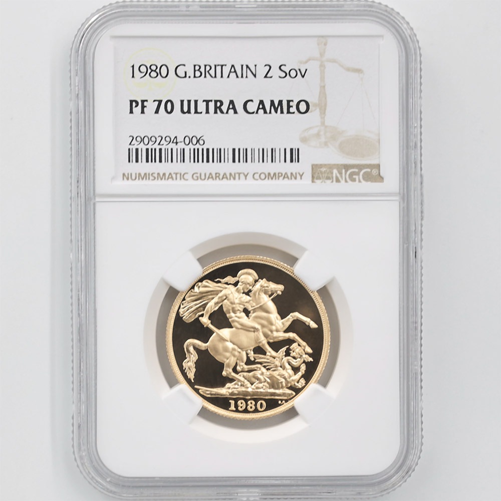 1980 英国 エリザベス2世 ソブリン 2ポンド 金貨 プルーフ NGC PF 70