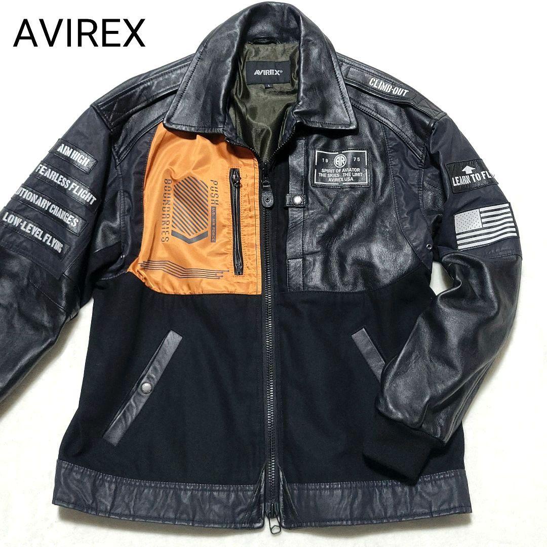 【極美品】AVIREX　アーミーメカニックジャケット レザージャケット 羊革 黒 AVIREX（アヴィレックス） アビレックス ジャケット メンズ スタンド