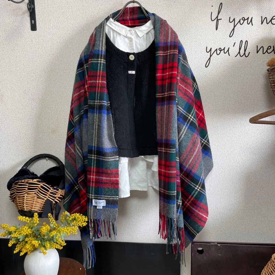 美品:Johnstons ジョンストンズカシミヤ100%大判ストール:チェック柄