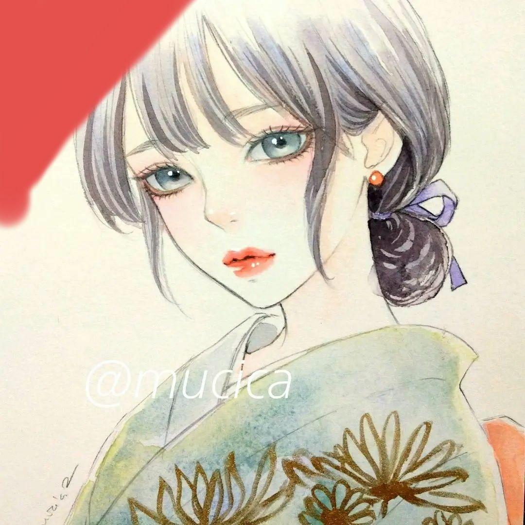 251130 手描きイラスト　絵画　オリジナル　アナログ　水彩画　美人画　和装 水彩で描いた、振袖を着た女性のイラスト