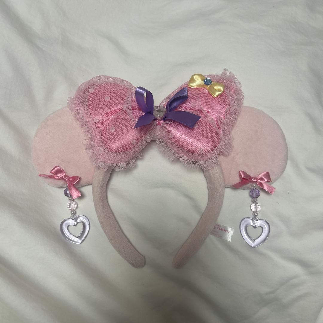 ミニー　ディズニー　イヤリングカチューシャ　ピンク　ハート くすみピンク＆ハート刺繍！東京ディズニーランド ミニーマウス