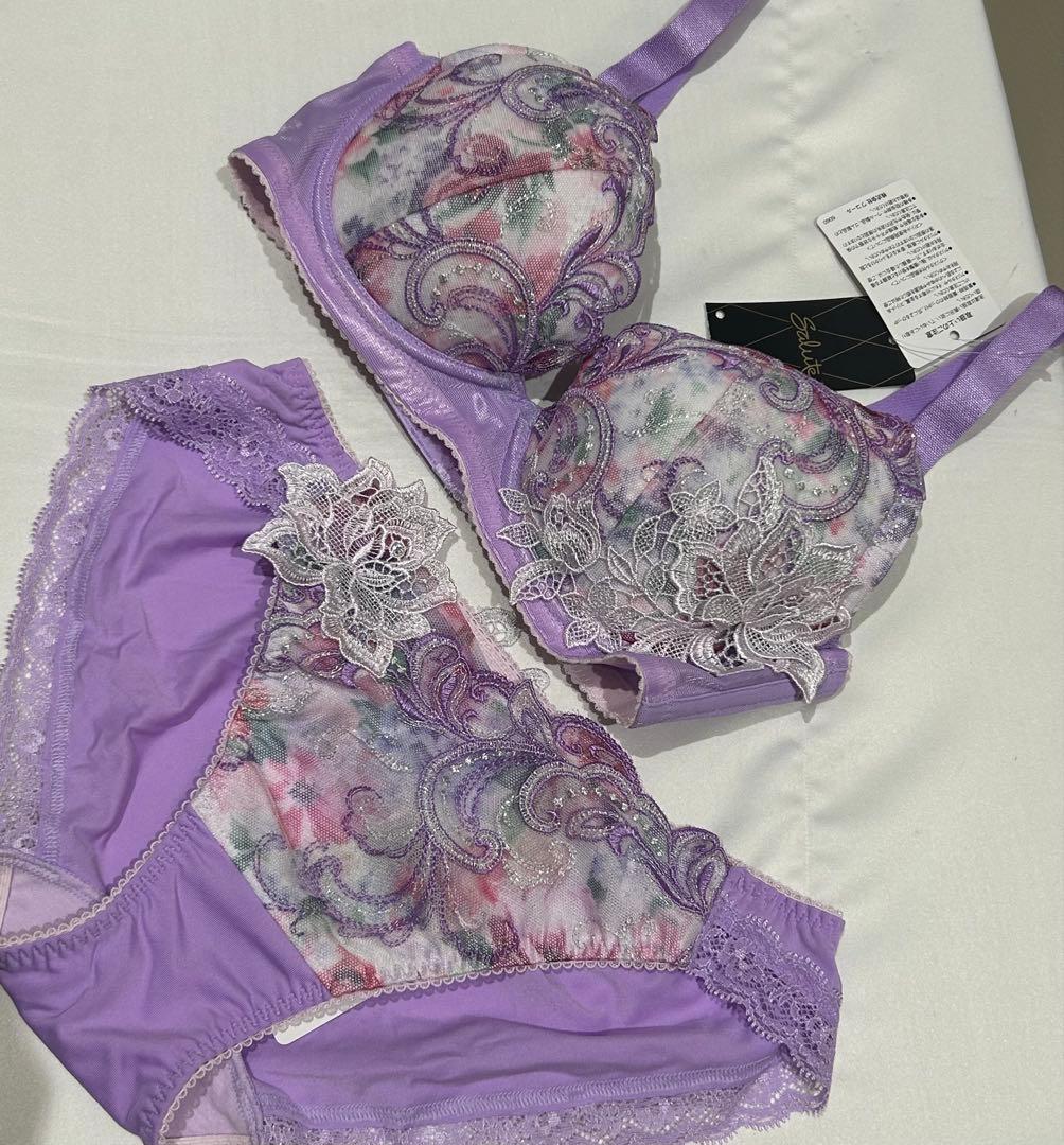 【D65】Salute パープル 花柄ブラジャーショーツセット SHIROHATO限定販売 華やか花柄刺繍 ブラショーツ セット ABCD 盛りブラ