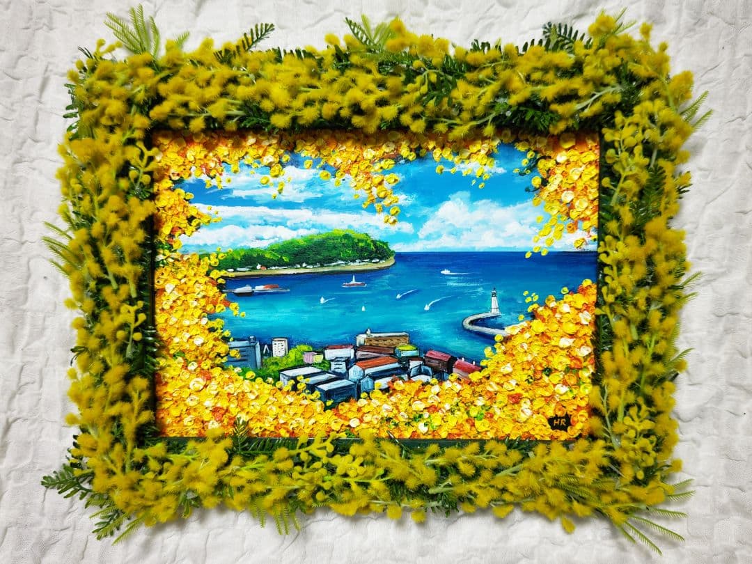 油絵 絵画 【ミモザの港町】 油絵 ミニ絵画 【ミモザの港】 絵画 HR 通販 14065003｜Creema