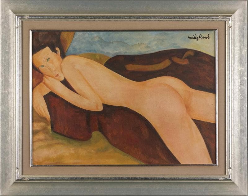 モディリアーニ　油彩　肉筆『横たわる裸婦』サイン　画廊シール　P8　額　b698 モディリアーニの《横たわる裸婦》、約170億円で落札。 サザビースの